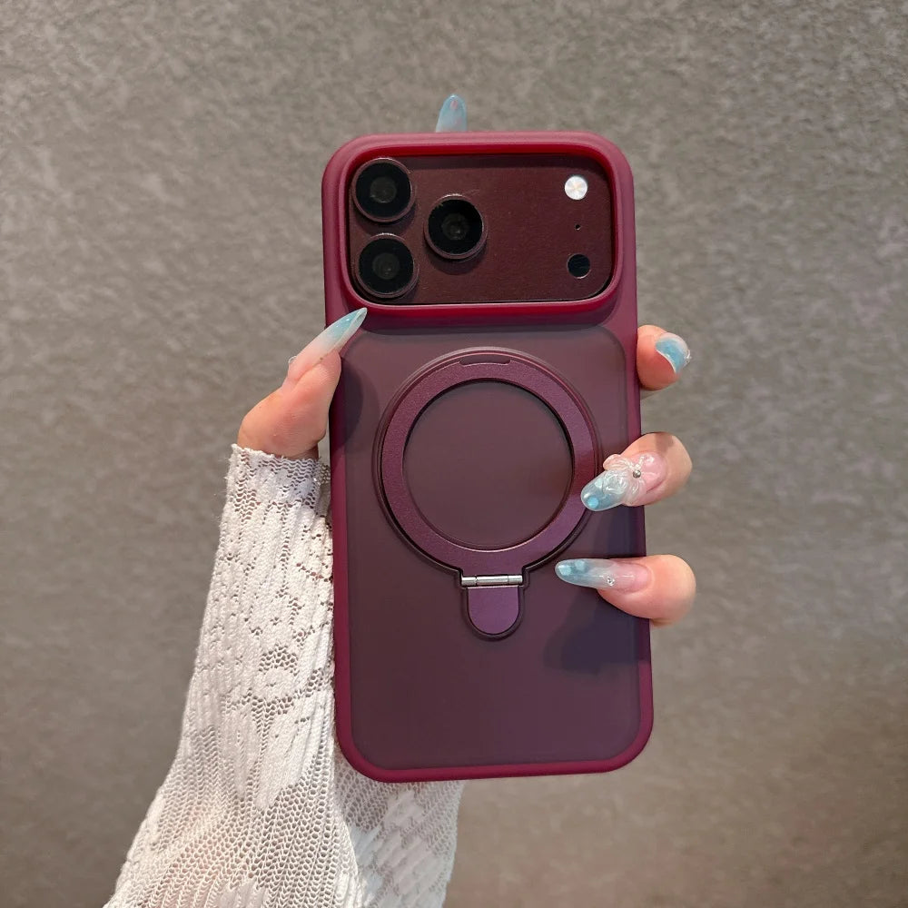 Wine Red Color Magnetic Metal Stand Case With Glass Camera Lens For iPhone