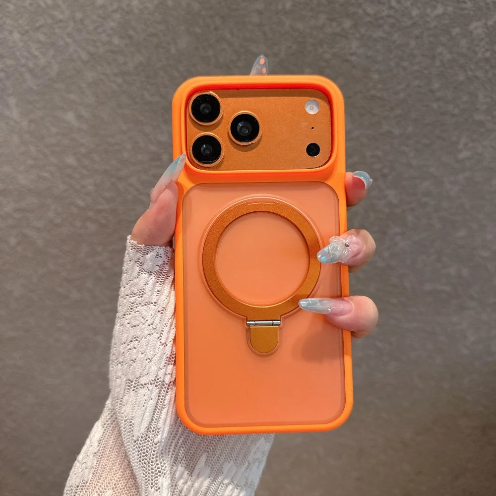 Orange Color Magnetic Metal Stand Case With Glass Camera Lens For iPhone