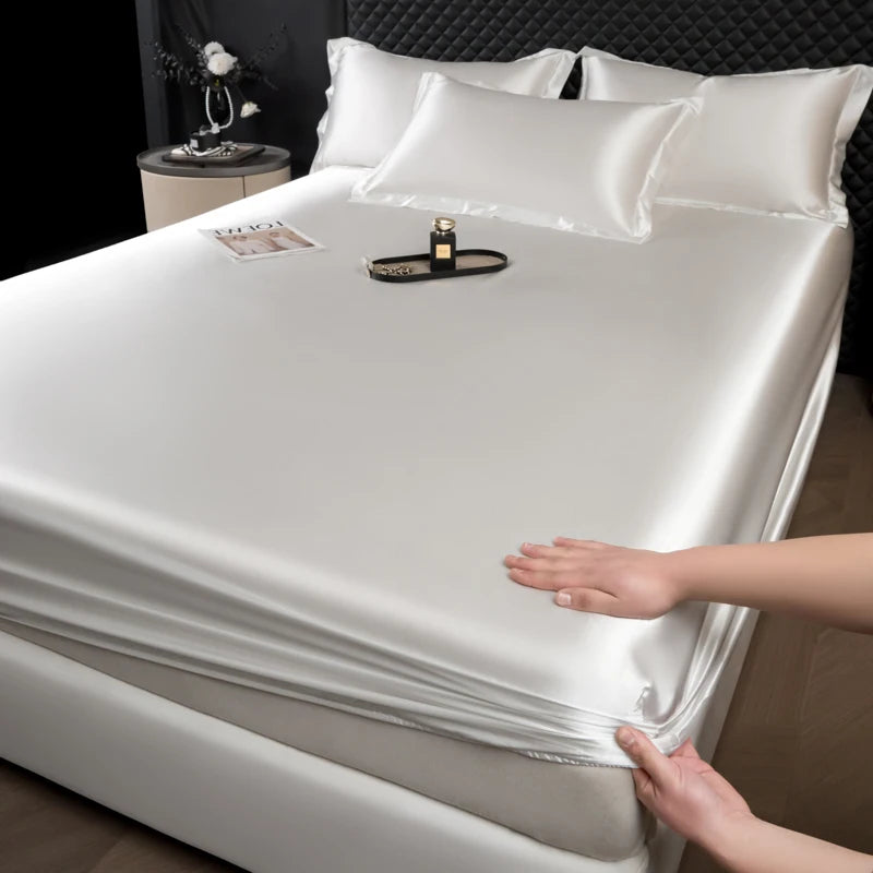 White 2 Color Satin Fitted Sheet Mattress Cover With Deep Pocket Elastic