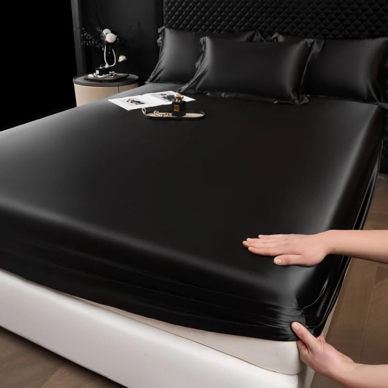 Black 5 Color Satin Fitted Sheet Mattress Cover With Deep Pocket Elastic