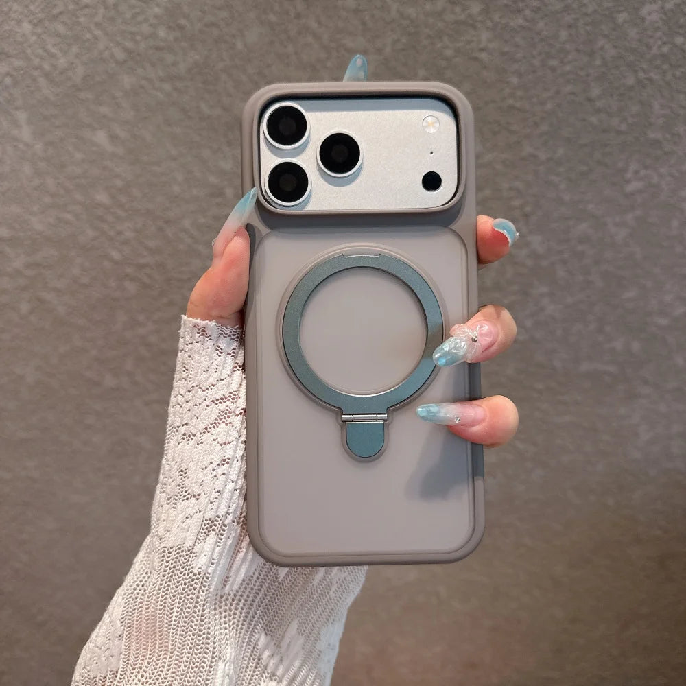 Gray Color Magnetic Metal Stand Case With Glass Camera Lens For iPhone
