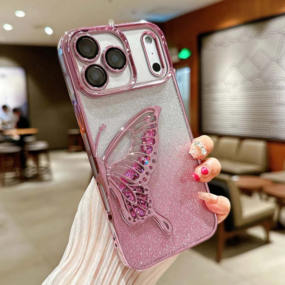 Pink Color Butterfly Glitter Quicksand Case For iPhone – Shockproof
