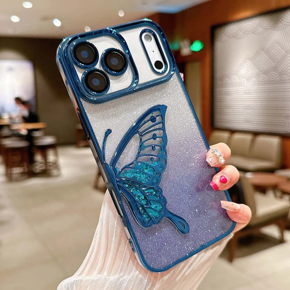 Blue Color Butterfly Glitter Quicksand Case For iPhone – Shockproof