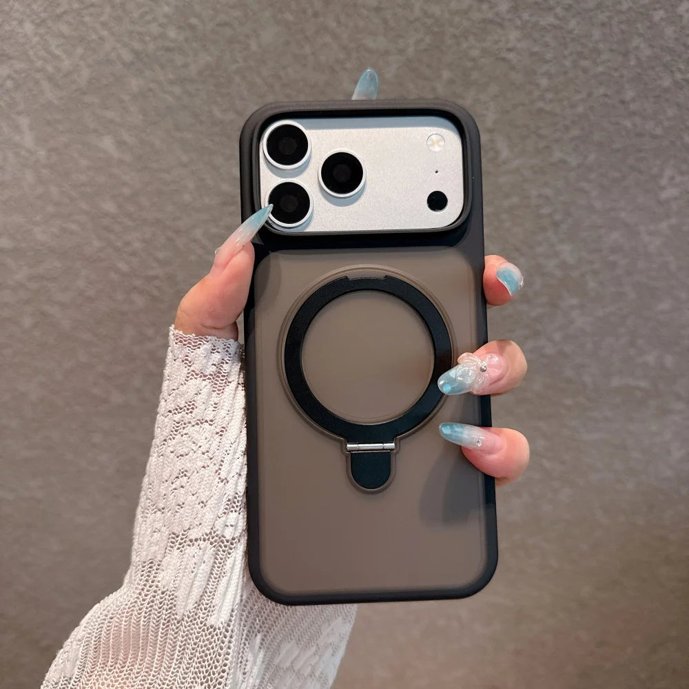Black Color Magnetic Metal Stand Case With Glass Camera Lens For iPhone