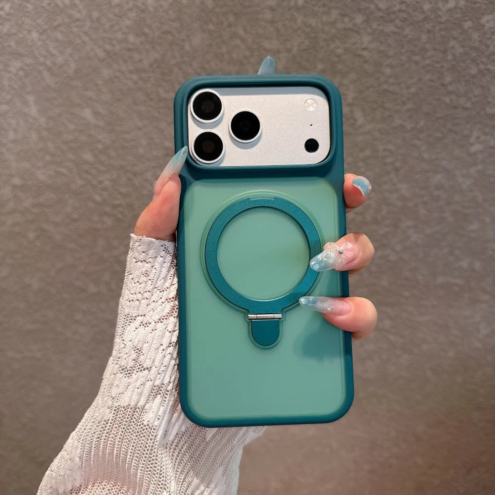 Dark Green Color Magnetic Metal Stand Case With Glass Camera Lens For iPhone