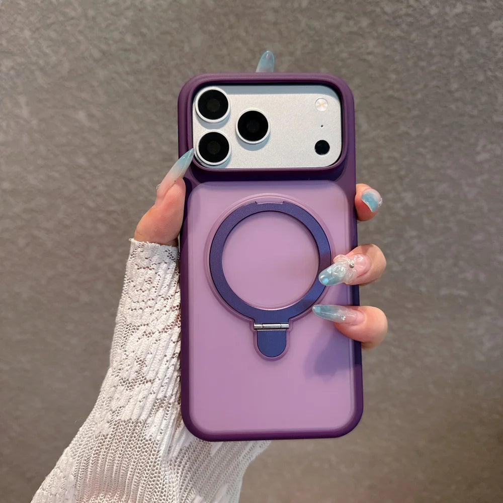 Dark Purple Color Magnetic Metal Stand Case With Glass Camera Lens For iPhone