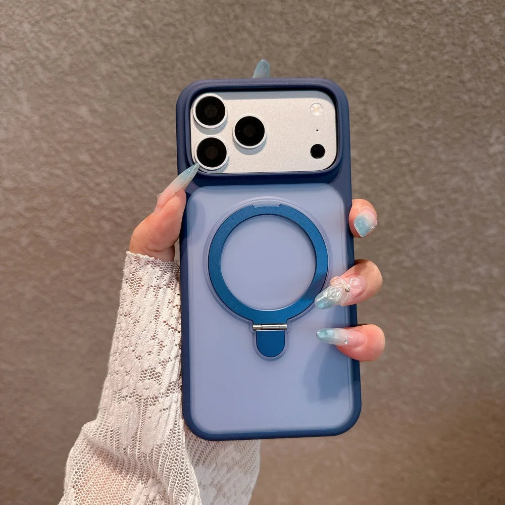 Dark Blue Color Magnetic Metal Stand Case With Glass Camera Lens For iPhone