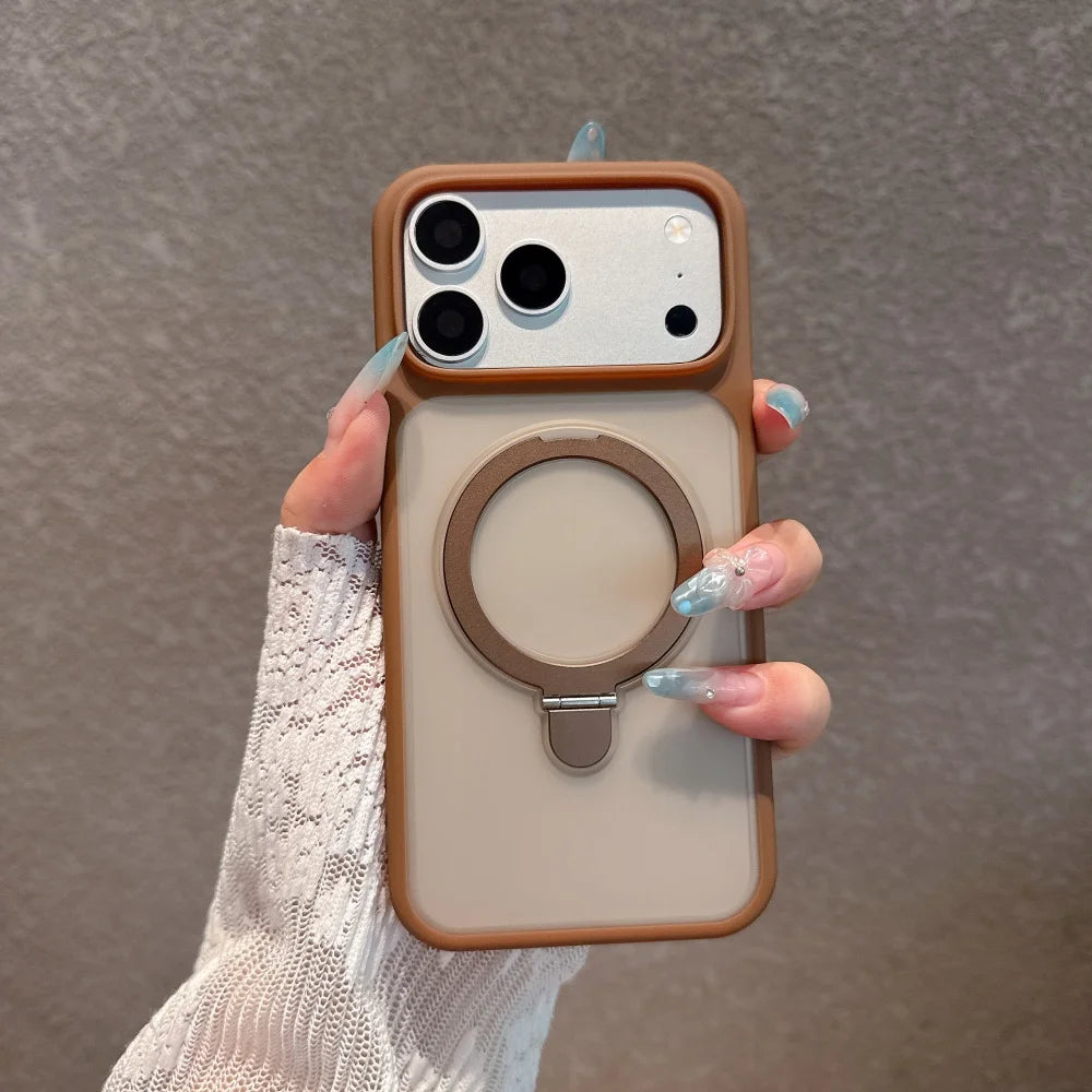 Brown Color Magnetic Metal Stand Case With Glass Camera Lens For iPhone